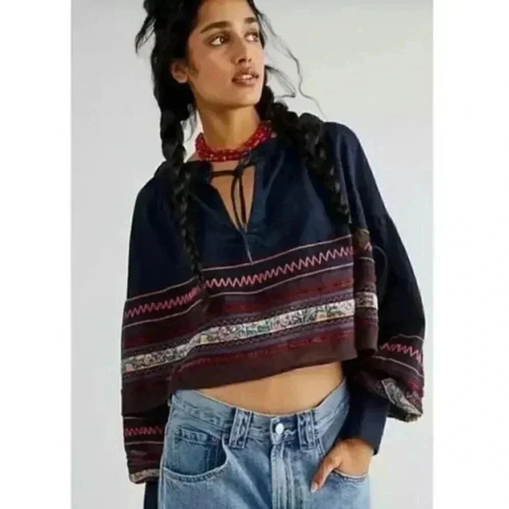 NWT - Free People Poppy Embroidered Indigo Crop Top SIZE: M - Picture 5 of 9